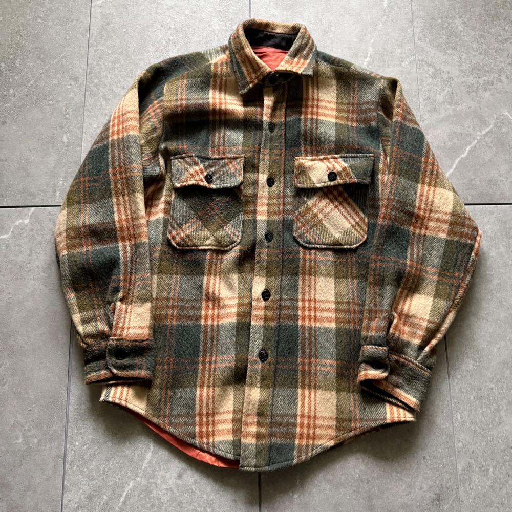 VTG Plaid Wool Shirt Jacket Brown Orange Lined Heavyweight Flannel USN Buttons